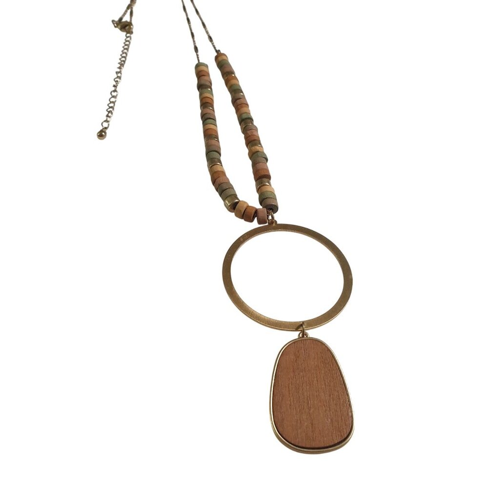 Wood Bead Necklace Gold Circle Pendant Adjustable Chain Lightweight Modern Boho